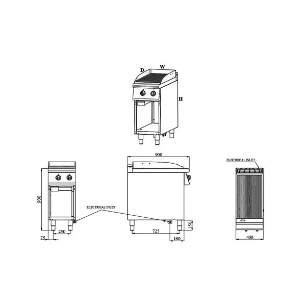 Bak-/Grillplaat | BASE 900 | Elektrisch | Gegroefd Oppervlak 392x670 (RVS) | 50°C/300°C | 6kW (400V) | Open Onderkast | 400x900x900(h)mm