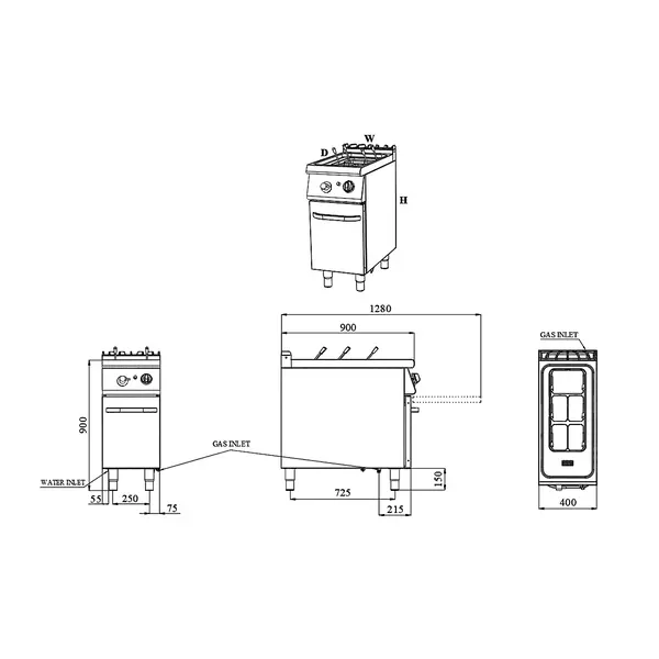 Pastakoker | BASE 900 | Gas | 24L | 0°C/100°C | 12kW | Vulkraan + Aftapkraan | Waakvlam | 400x900x900(h)mm