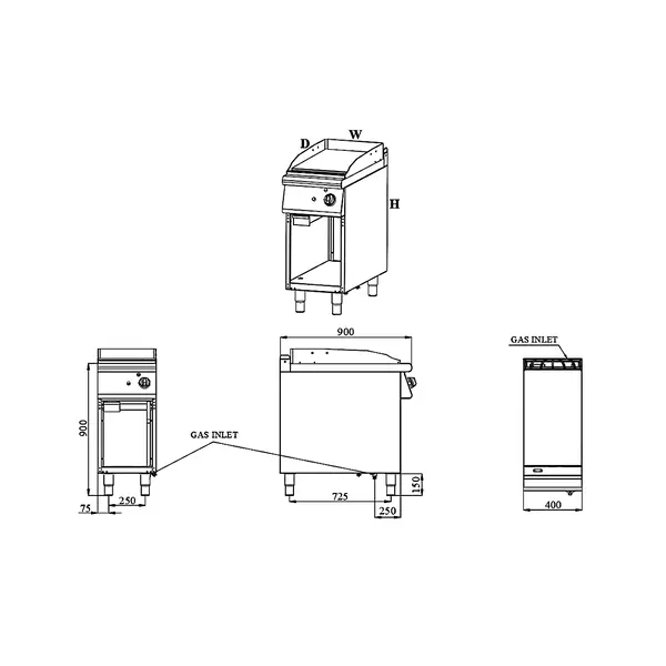 Bak-/Grillplaat | BASE 900 | Gas | Glad Oppervlak 392x670 (Verchroomd) | 9kW | Piëzo Ontsteking | Open Onderkast | 400x900x900(h)mm