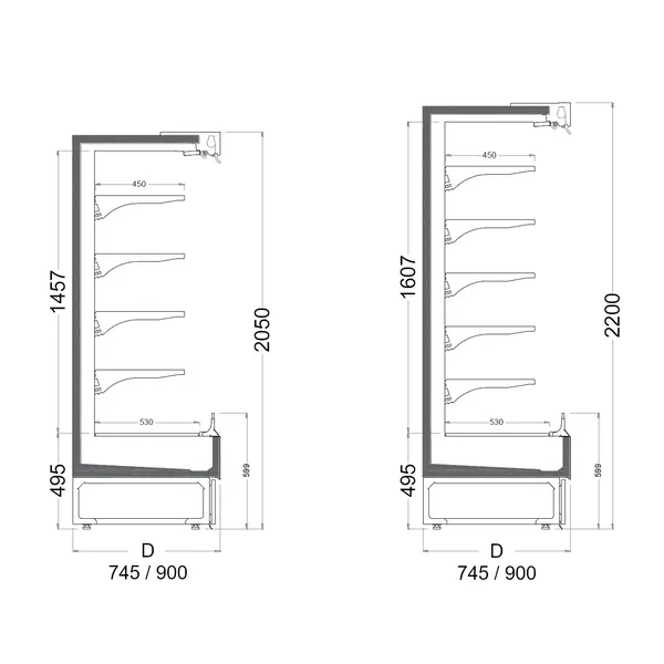 Wandkoeling | STERNA | -1°C/+5°C | Geforceerd | Open/Deuren | Div. Kleuren/Opties | 5/6 Niveaus | Koppelbaar | Diepte 900mm | Div. Breedten/Hoogten