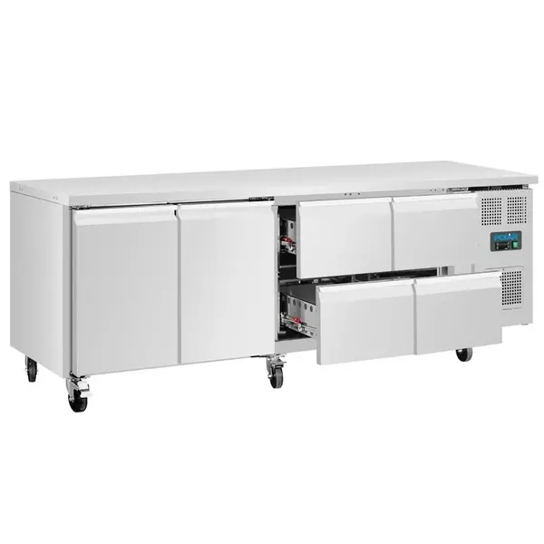 Koelwerkbank | U-SERIE | 476L | 2 Deuren + 4 Laden (1/1 GN) | -2°C/+8°C | Geforceerd | Wielen (Geremd) | 2230x700x860(h)mm