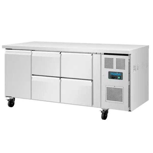 Koelwerkbank | U-SERIE | 358L | 1 Deur + 4 Laden (1/1 GN) | -2°C/+8°C | Geforceerd | Wielen (Geremd) | 1795x700x860(h)mm