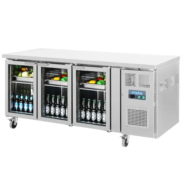Koelwerkbank | U-SERIE | 358L | 3 Glasdeuren (1/1 GN) | -1°C/+8°C | Geforceerd | Wielen (Geremd) | 1795x700x860(h)mm