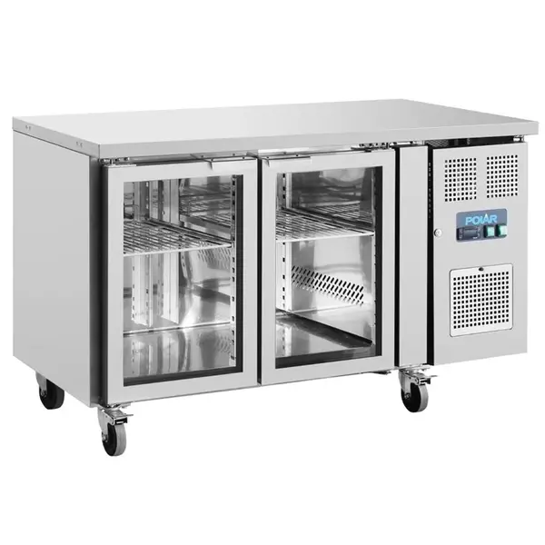 Koelwerkbank | U-SERIE | 205L | 2 Glasdeuren (1/1 GN) | -1°C/+8°C | Geforceerd | Wielen (Geremd) | 1360x700x860(h)mm