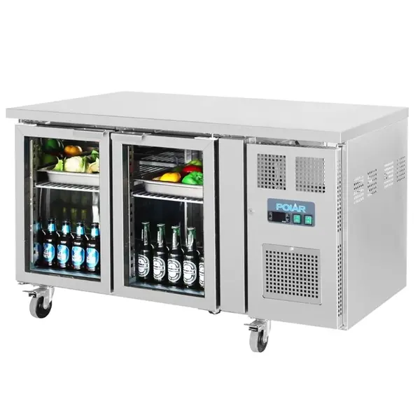 Koelwerkbank | U-SERIE | 205L | 2 Glasdeuren (1/1 GN) | -1°C/+8°C | Geforceerd | Wielen (Geremd) | 1360x700x860(h)mm