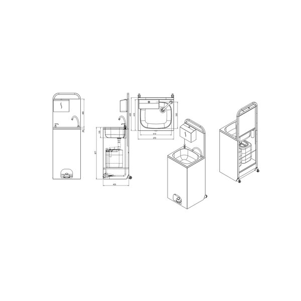Mobiele Handwasbak | Incl. Dispensers | Voetbediening | 410x350mm | RVS | 470x435x877(h)mm