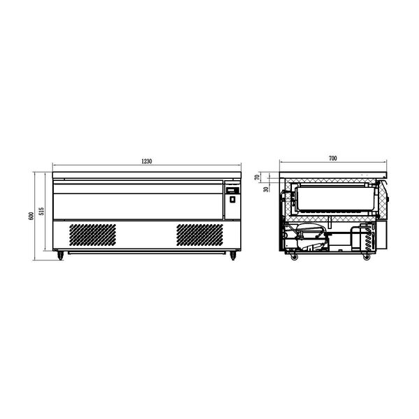 Koel-/Vrieswerkbank | U-SERIE | Laag Model | 116L | 1 Lade (3x 1/1 GN) | -10°C/-20°C & -2°C/+10°C | Geforceerd | Wielen (Geremd) | 1230x700x605(h)mm