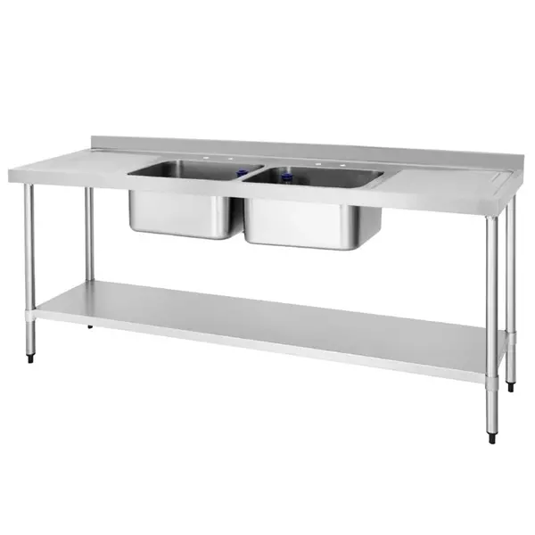 Spoeltafel | RVS | 2 Spoelbakken (Midden) | Afdruipvlakken | Bodemschap | Achteropstand | Incl. Standpijp | Zelfmontage | 2100x600x900/960(h)mm