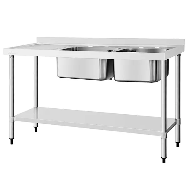 Spoeltafel | RVS | 2 Spoelbakken (Rechts) | Afdruipvlak | Bodemschap | Achteropstand | Incl. Standpijp | Zelfmontage | 1500x600x900/960(h)mm