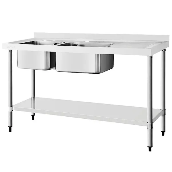 Spoeltafel | RVS | 2 Spoelbakken (Links) | Afdruipvlak | Bodemschap | Achteropstand | Incl. Standpijp | Zelfmontage | 1500x600x900/960(h)mm