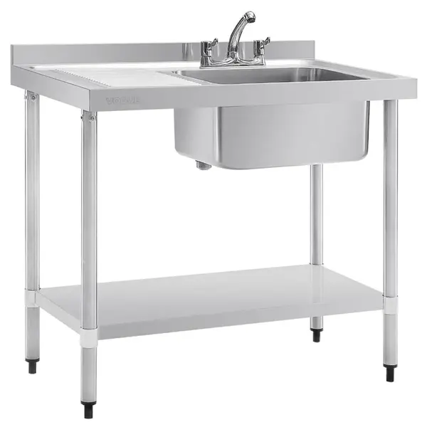 Spoeltafel | RVS | 1 Spoelbak (Rechts) | Afdruipvlak | Bodemschap | Achteropstand | Incl. Standpijp | Zelfmontage | 1200x600x900/960(h)mm