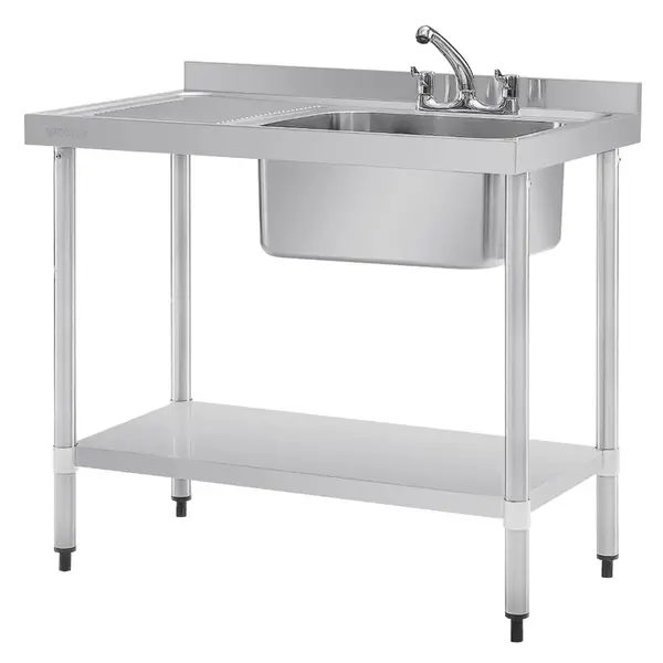 Spoeltafel | RVS | 1 Spoelbak (Rechts) | Afdruipvlak | Bodemschap | Achteropstand | Incl. Standpijp | Zelfmontage | 1200x600x900/960(h)mm
