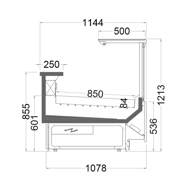 Vis-/Vleeskoeltoonbank | MEROPS | Plaatkoeling Externe Unit (Exclusief) | Div. Kleuren/Opties | Kantelruit | Koppelbaar | Div. Breedten | Diepte 1144mm | Hoogte 1213mm