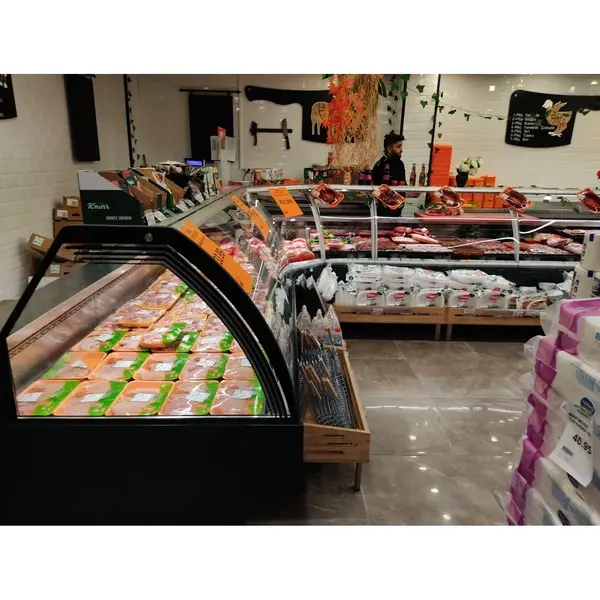 Vis-/Vleeskoeltoonbank | MEROPS | -1°C/+5°C | Plaatkoeling | Div. Kleuren/Opties | Kantelruit | Koppelbaar | Div. Breedten | Diepte 1144mm | Hoogte 1220mm