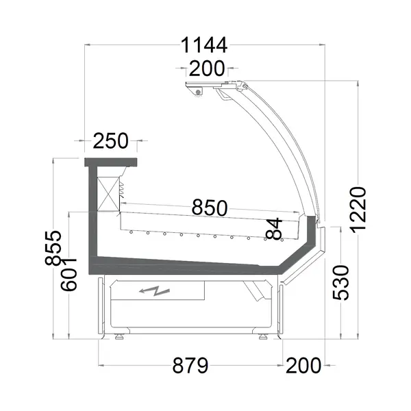 Vis-/Vleeskoeltoonbank | MEROPS | Plaatkoeling Externe Unit (Exclusief) | Div. Kleuren/Opties | Kantelruit | Koppelbaar | Div. Breedten | Diepte 1144mm | Hoogte 1220mm