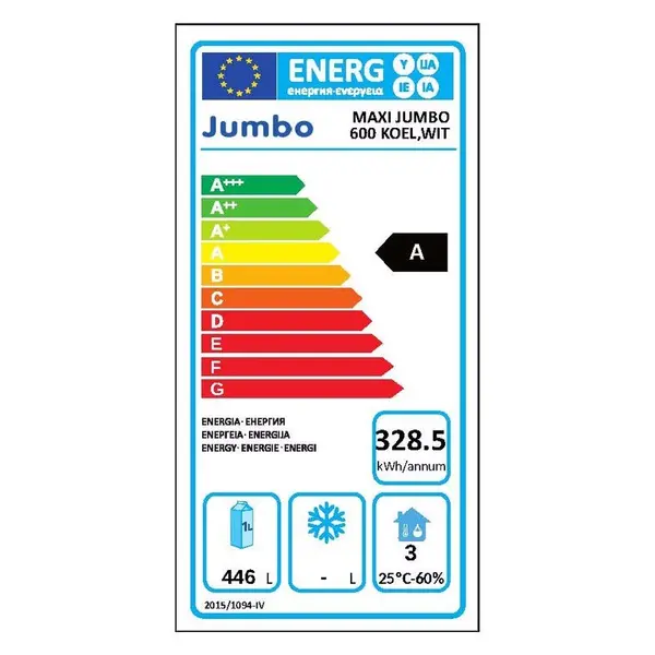Koelkast | MAXI | Energiezuinig | 446L | Wit | 0°C/+8°C | Geforceerd | Wielen | 775x716x1900(h)mm