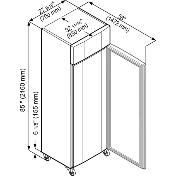 Koelkast | PROFILINE | 597L (2/1 GN) | RVS | -2°C/+15°C | Geforceerd | Temperatuuralarm + App | Wielen | 700x830x2162(h)mm