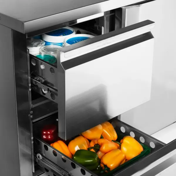 Koelwerkbank | 282L | 1 Deur + 2 Laden (1/1 GN) | +2°C/+10°C | Geforceerd | Achteropstand | Werkblad Afneembaar | 1360x700x880/980(h)mm