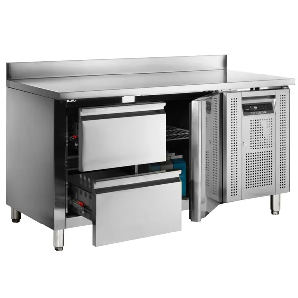 Koelwerkbank | 282L | 1 Deur + 2 Laden (1/1 GN) | +2°C/+10°C | Geforceerd | Achteropstand | Werkblad Afneembaar | 1360x700x880/980(h)mm