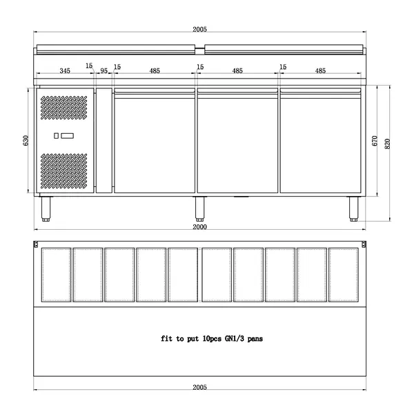 Pizzawerkbank | 725L | 3 Deuren (EN600x400) | Boven 10x 1/3 GN | +2°C/+8°C | Geforceerd | 0.35kW | 2005x850x890/1080(h)mm