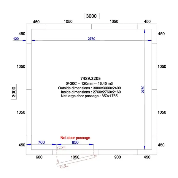 Koel-/Vriescel | PRO LINE | 16.4m³ | Isolatie 120mm | 3000x3000x2400(h)mm