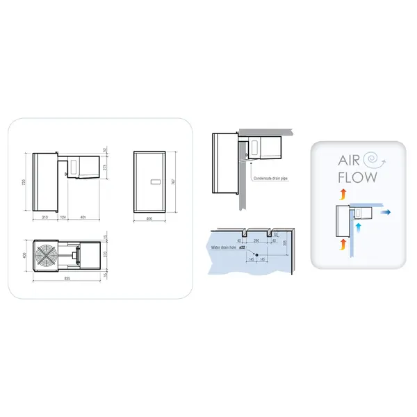 Hang-Wandunit | 3.5-4.7m³ | -18°C/-25°C | 230V (1.35kW) | 400x835x767(h)mm