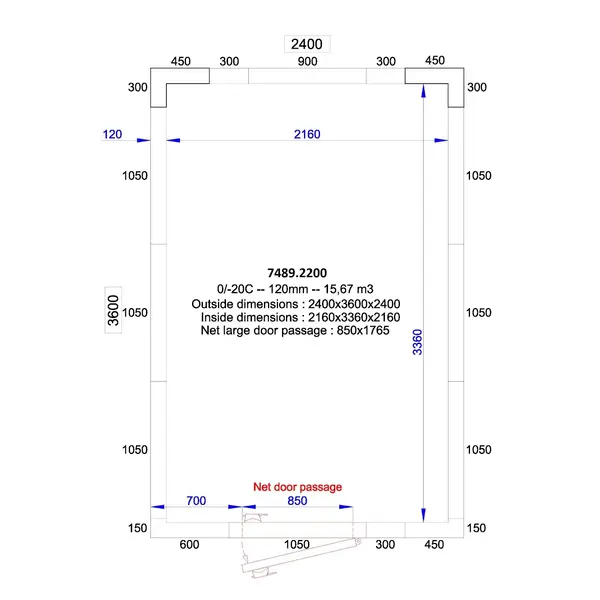 Koelcel | PRO LINE | Incl. Motor | 15.6m³ | -5°C/+15°C | Isolatie 120mm | 230V | 2400x3600x2400(h)mm