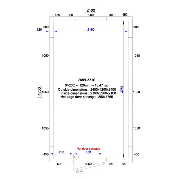 Koelcel | PRO LINE | Incl. Motor | 18.4m³ | -5°C/+15°C | Isolatie 120mm | 230V | 2400x4200x2400(h)mm