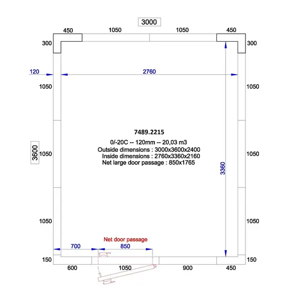 Koelcel | PRO LINE | Incl. Motor | 20m³ | 0°C/+5°C | Isolatie 120mm | 230V | 3000x3600x2400(h)mm