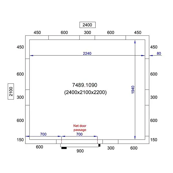 Vriescel | PRO LINE | Incl. Motor | 8.9m³ | -10°C/-25°C | Isolatie 80mm | 230V | 2400x2100x2200(h)mm