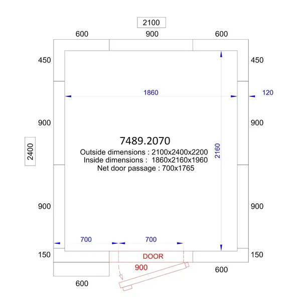 Vriescel | PRO LINE | Incl. Motor | 7.9m³ | -10°C/-25°C | Isolatie 120mm | 230V | 2100x2400x2200(h)mm