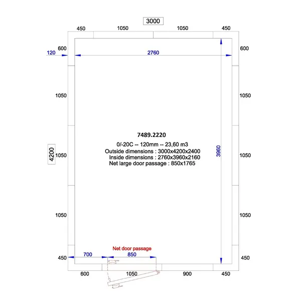 Vriescel | PRO LINE | Incl. Motor | 23.6m³ | -10°C/-25°C | Isolatie 120mm | 400V | 3000x4200x2400(h)mm