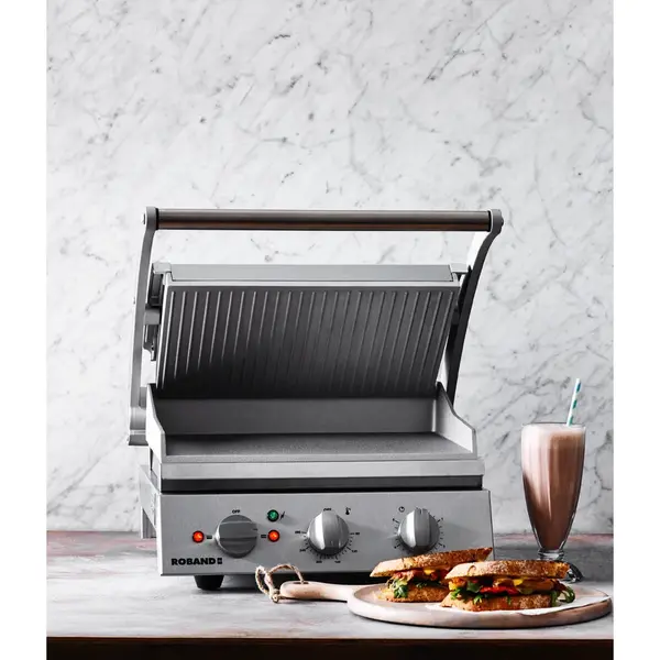 Contact-/Paninigrill | Enkel | Glad/Gegroefda Oppervlak 375x275 (Aluminium) | 80°C/280°C | 2.2kW (230V) | 435x490x220(h)mm