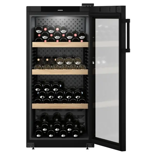 Wijnkoelkast | GRAND CRU | 141x 75cl | Zwart | 1 Zone | +5°C/+20°C | Geforceerd | Temperatuur-/Deuralarm + App | Wielen | 597x763x1284(h)mm