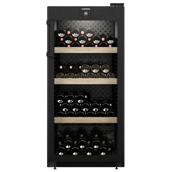 Wijnkoelkast | GRAND CRU | 141x 75cl | Zwart | 1 Zone | +5°C/+20°C | Geforceerd | Temperatuur-/Deuralarm + App | Wielen | 597x763x1284(h)mm