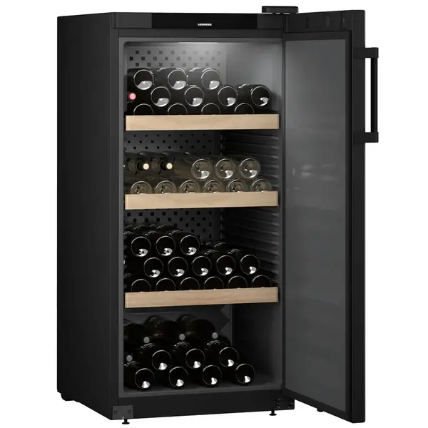 Wijnkoelkast | GRAND CRU | 141x 75cl | Zwart | 1 Zone | +5°C/+20°C | Geforceerd | Temperatuur-/Deuralarm + App | Wielen | 597x763x1284(h)mm