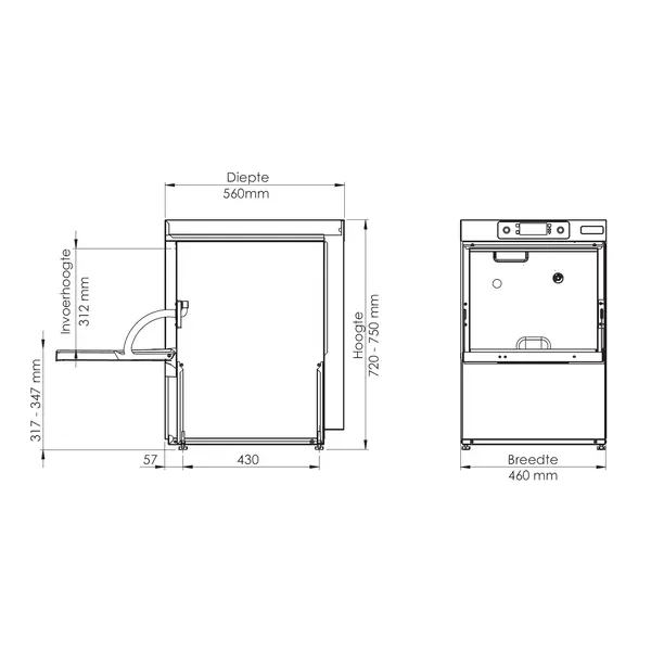 Glazenspoelmachine | C400 | Mand 400x400 | Afvoerpomp | Zeeppomp | Naglanspomp | Ontharder | 230V/400V | Dubbelwandig | 460x560x720/750(h)mm