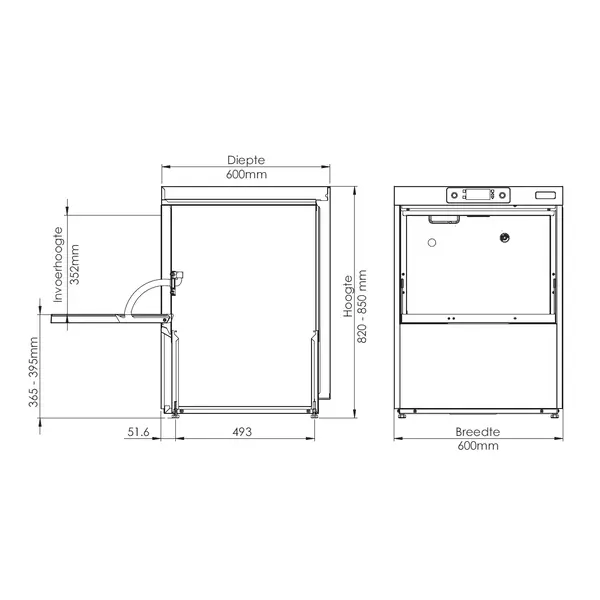 Horeca Vaatwasser | C500 | Mand 500x500 | Afvoerpomp | Zeeppomp | Naglanspomp | Ontharder | 230V/400V | 600x600x820/850(h)mm