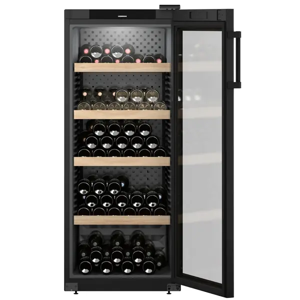 Wijnkoelkast | GRAND CRU | 166x 75cl | Zwart | 1 Zone | +5°C/+20°C | Geforceerd | Temperatuur-/Deuralarm + App | Wielen | 597x763x1484(h)mm