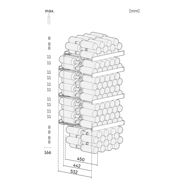 Wijnkoelkast | GRAND CRU | 166x 75cl | Zwart | 1 Zone | +5°C/+20°C | Geforceerd | Temperatuur-/Deuralarm + App | Wielen | 597x763x1484(h)mm