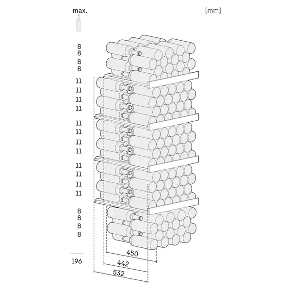 Wijnkoelkast | GRAND CRU | 196x 75cl | Zwart | 1 Zone | +5°C/+20°C | Geforceerd | Temperatuur-/Deuralarm + App | Wielen | 597x763x1684(h)mm