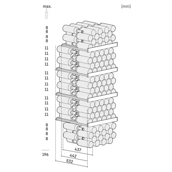 Wijnkoelkast | GRAND CRU | 196x 75cl | Zwart | 1 Zone | +5°C/+20°C | Geforceerd | Temperatuur-/Deuralarm + App | Wielen | 597x763x1684(h)mm