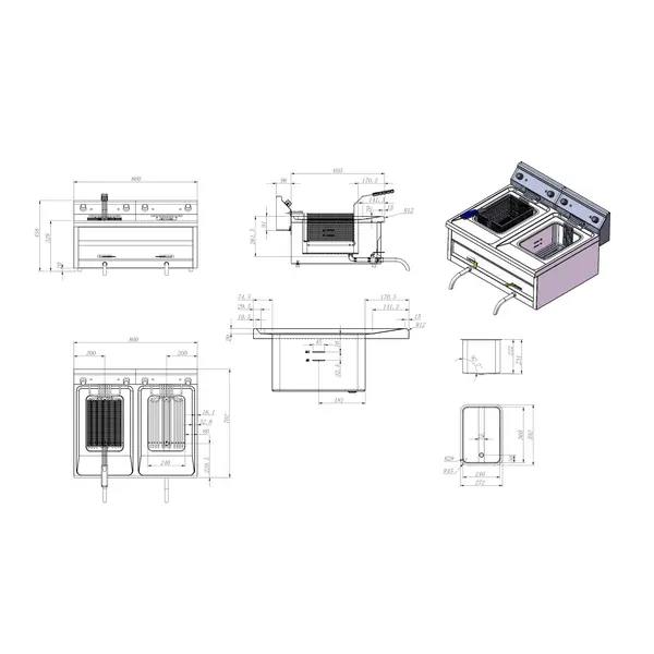 Friteuse | Elektrisch | 12+12L | 12kW (2x 400V) | Aftapkranen | 800x700x328(h)mm