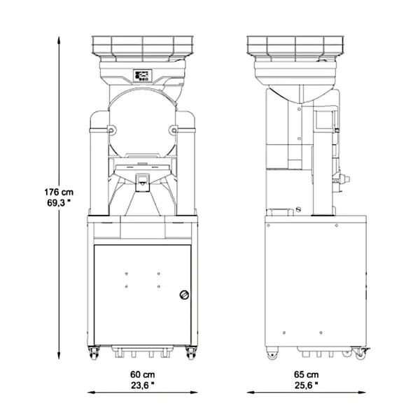 Vruchtenpers + Onderstel | TOP | 28/min (Ø65-80mm) | Zelfbediening (Push&Juice) | Pulpfilter + Flessenhouder | Automatische Vulling | 600x650x1760(h)mm