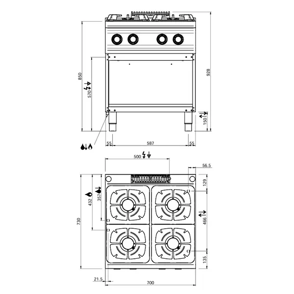 Fornuis | DOMINA PRO 700 | Gas | 4 Branders (4x 7kW) | Waakvlam | Open Onderkast | 700x730x850(h)mm