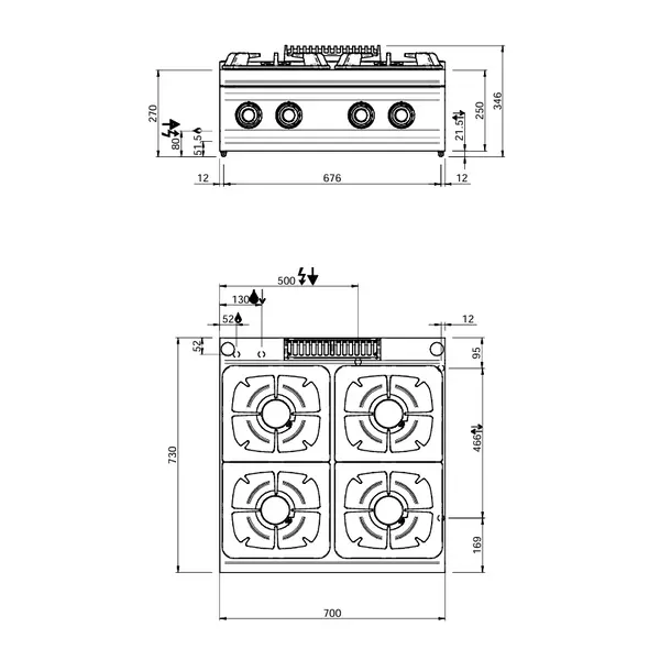 Fornuis | DOMINA PRO 700 | Gas | 4 Branders (4x 7kW) | Waakvlam | 700x730x250(h)mm