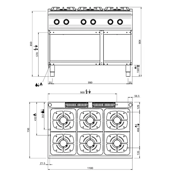 Fornuis | DOMINA PRO 700 | Gas | 6 Branders (6x 5.5kW) | Waakvlam | Open Onderkast | 1100x730x850(h)mm