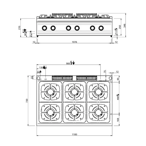 Fornuis | DOMINA PRO 700 | Gas | 6 Branders (6x 5.5kW) | Waakvlam | 1100x730x250(h)mm