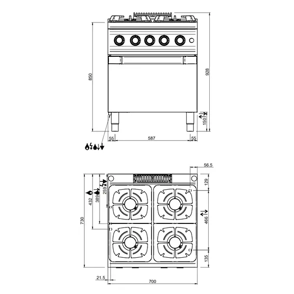 Fornuis + Oven | DOMINA PRO 700 | Gas | 4 Branders (4x 7kW) + 2/1 GN Oven (6kW) | Waakvlam/Piëzo | 700x730x850(h)mm