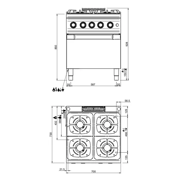 Fornuis + Heteluchtoven | DOMINA PRO 700 | Gas/Elektrisch | 4 Branders (4x 7kW) + 1/1 GN Oven (2.6kW-230V) | Waakvlam | 700x730x850(h)mm